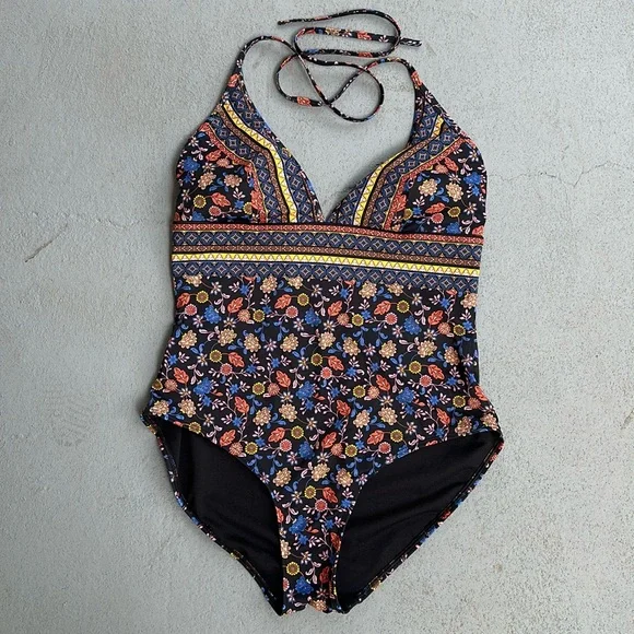 BODEN Halter Swimsuit Floral Plunge One Piece Size 12 - Picture 1 of 7